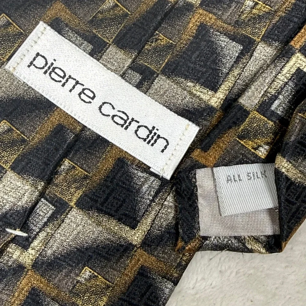 Pierre Cardin Mens Silk Tie Black Gold Silver Geometric Square Pattern Necktie